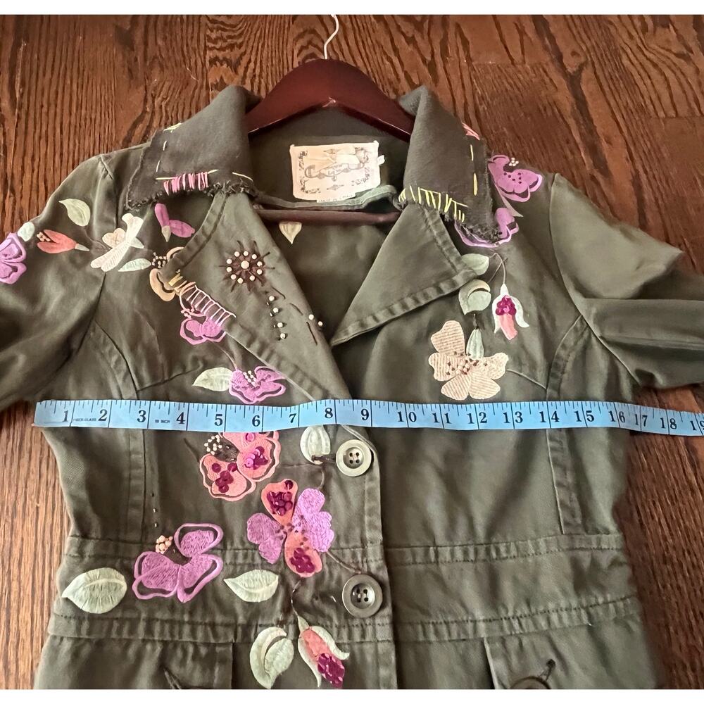 Sugar lips Olive Green Embroidered Blazer Jacket Floral Sequin Y2K Boho Sz S - Picture 5 of 6